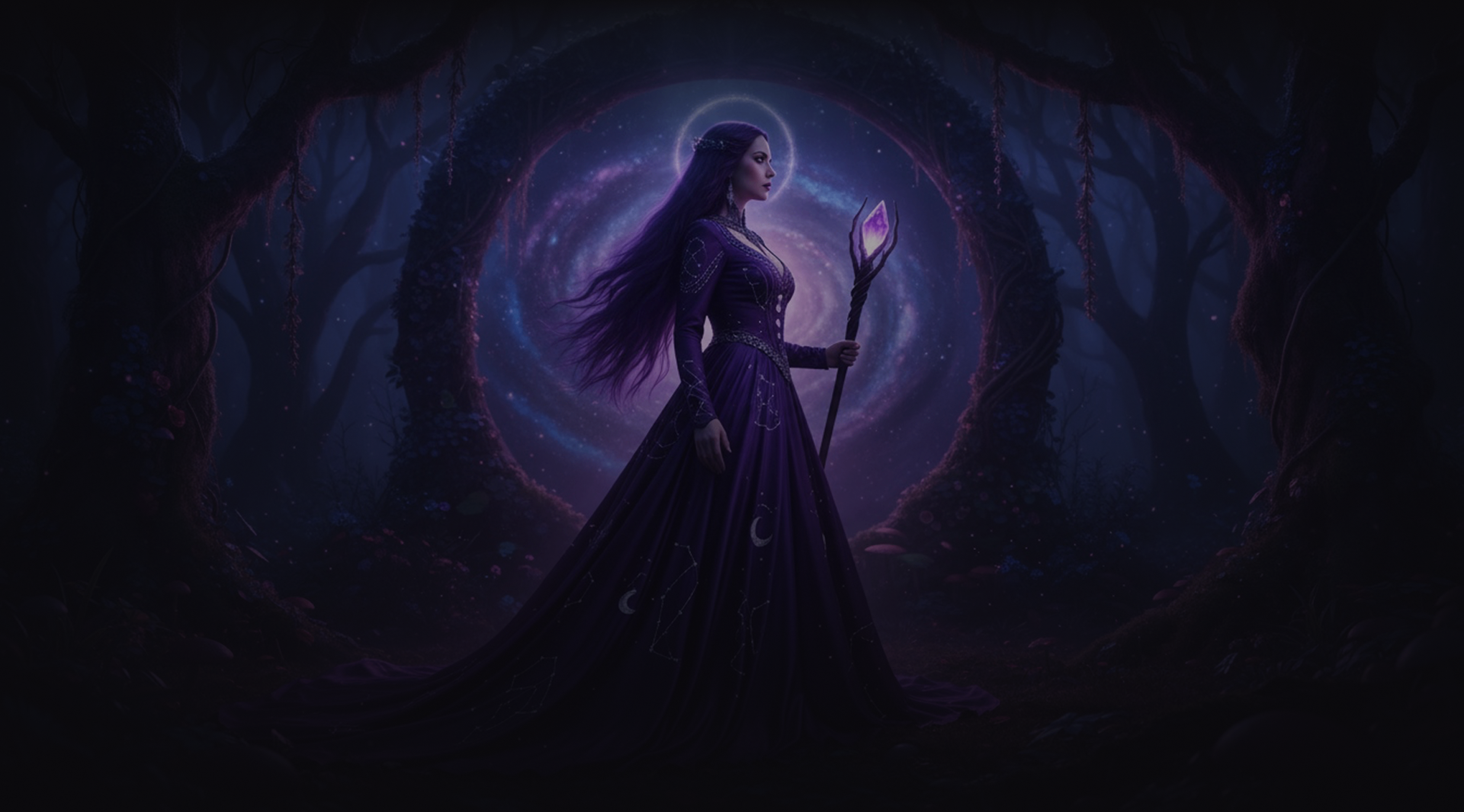 Ethereal sorceress holding a glowing crystal in a mystical portal